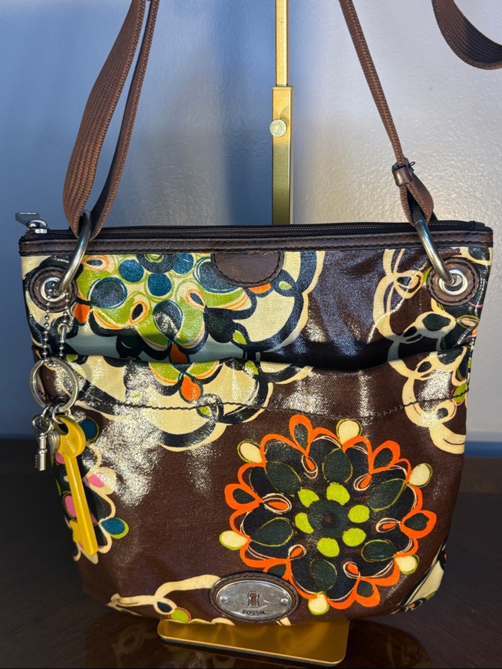 Fossil Women's Brown Floral Crossbody Bag in Brown with Orange Accents